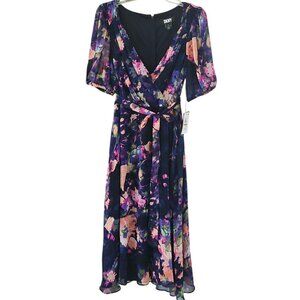 DKNY Womens Size 14 Black Floral-Print Faux-Wrap Dress NEW